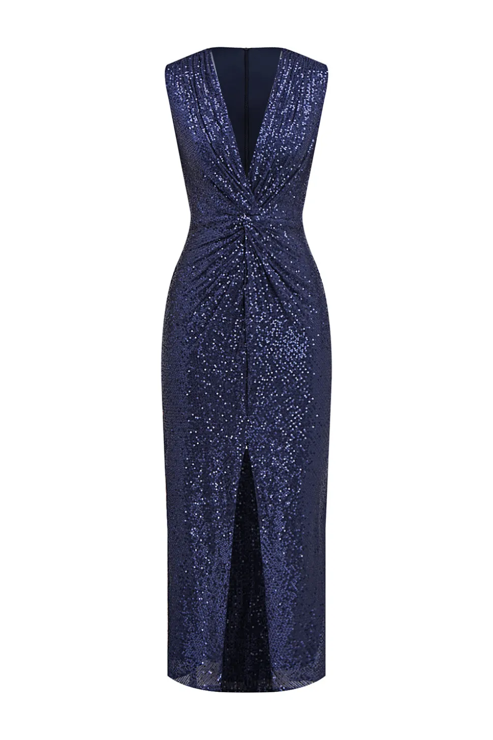 Vestido de cocktail Navy V-neck Sheath Sequins Midi com fenda