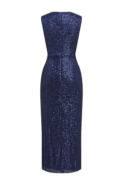 Vestido de cocktail Navy V-neck Sheath Sequins Midi com fenda
