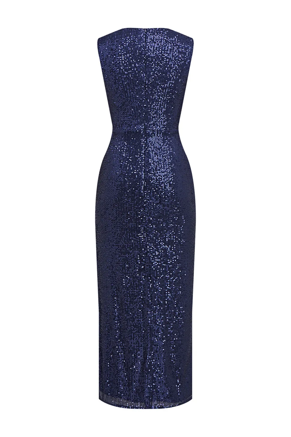 Vestido de cocktail Navy V-neck Sheath Sequins Midi com fenda