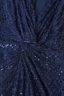 Vestido de cocktail Navy V-neck Sheath Sequins Midi com fenda
