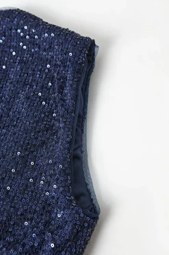 Vestido de cocktail Navy V-neck Sheath Sequins Midi com fenda
