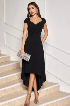Vestido de cocktail preto V pescoço alto-baixo com mangas de boné