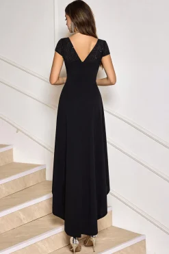 Vestido de cocktail preto V pescoço alto-baixo com mangas de boné
