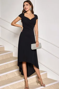 Vestido de cocktail preto V pescoço alto-baixo com mangas de boné