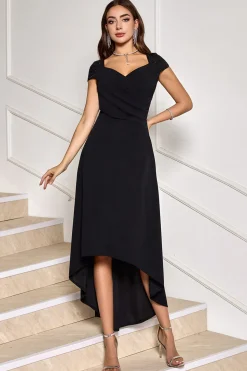Vestido de cocktail preto V pescoço alto-baixo com mangas de boné