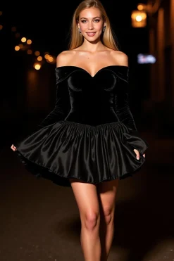 Vestido de cocktail preto Off the Shoulder A-Line