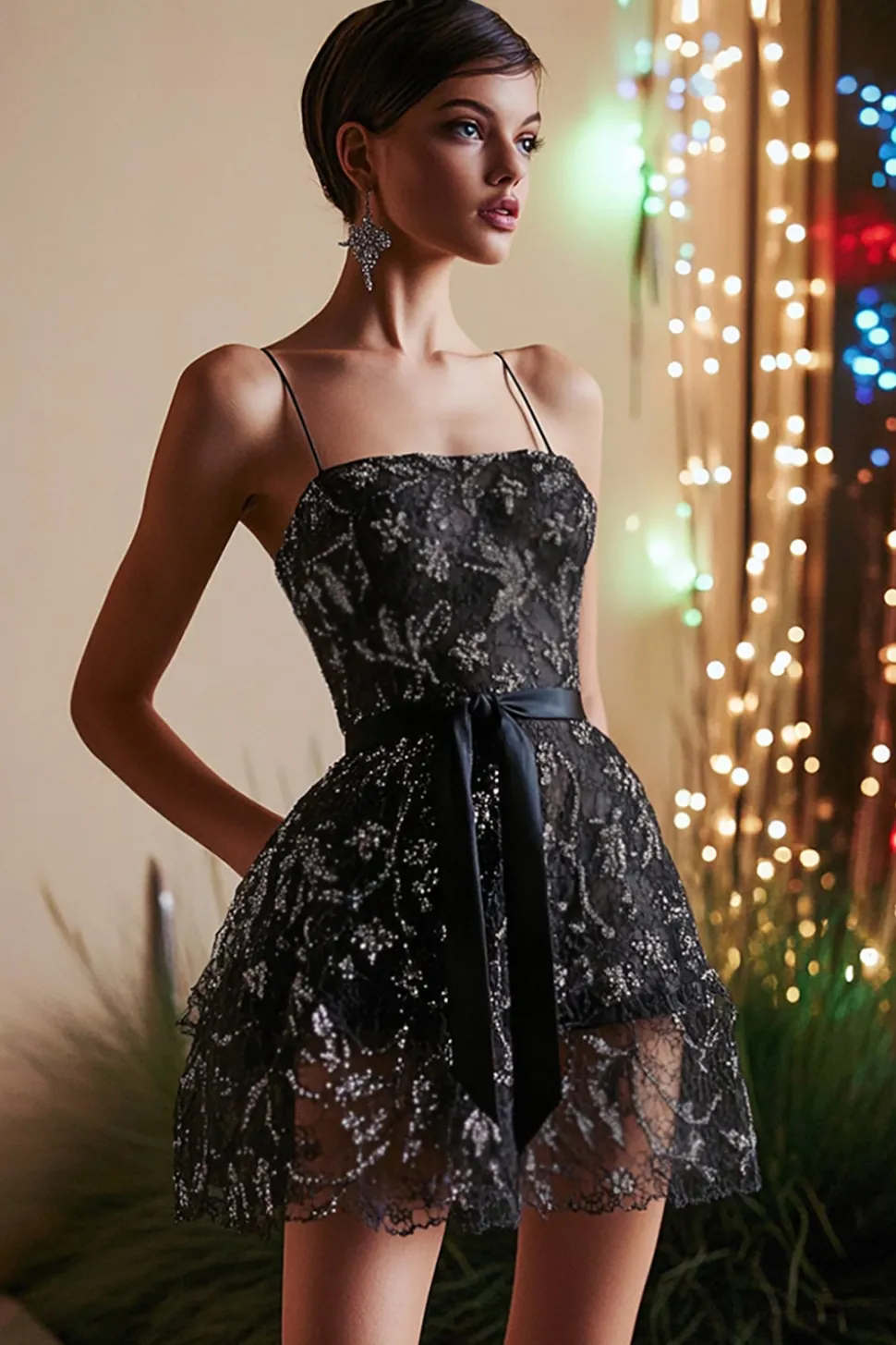 Vestido de cocktail preto curto A-Line com apliques