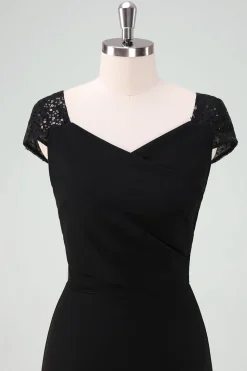 Vestido de cocktail preto alto-baixo com mangas de boné