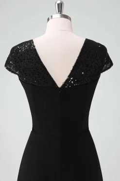 Vestido de cocktail preto alto-baixo com mangas de boné