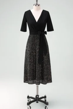 Vestido de cocktail Sparkly Black A-Line com meias mangas