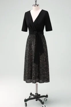 Vestido de cocktail Sparkly Black A-Line com meias mangas
