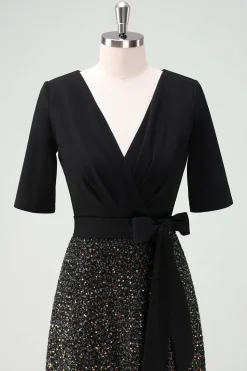 Vestido de cocktail Sparkly Black A-Line com meias mangas