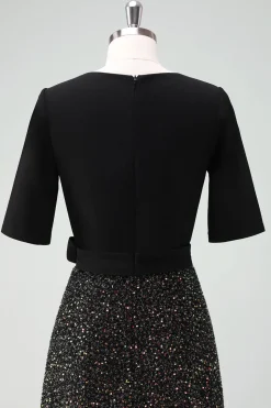 Vestido de cocktail Sparkly Black A-Line com meias mangas