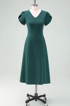 Vestido de cocktail verde escuro V-Neck com mangas curtas