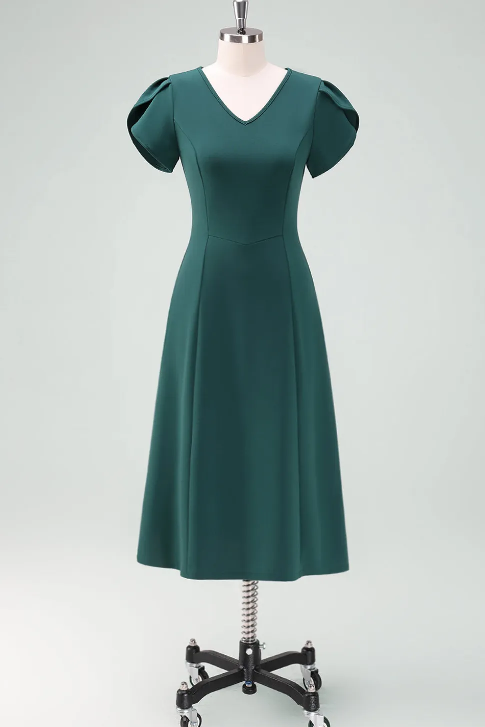 Vestido de cocktail verde escuro V-Neck com mangas curtas