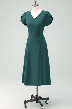 Vestido de cocktail verde escuro V-Neck com mangas curtas
