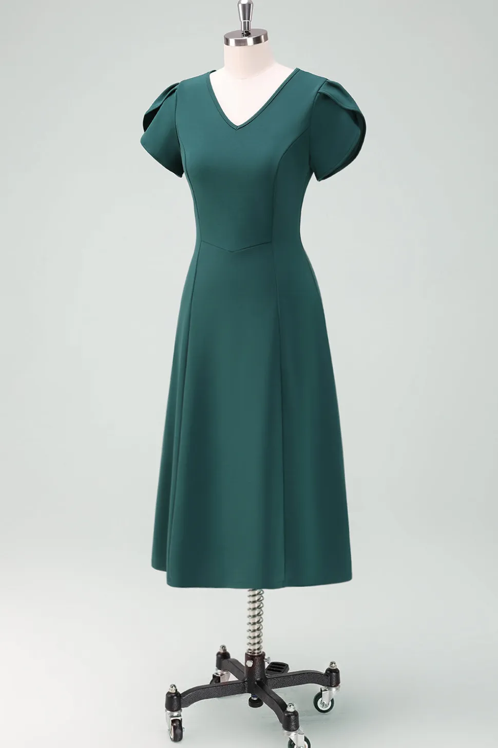 Vestido de cocktail verde escuro V-Neck com mangas curtas
