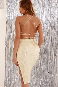 Vestido de coquetel bege sequins sem costas