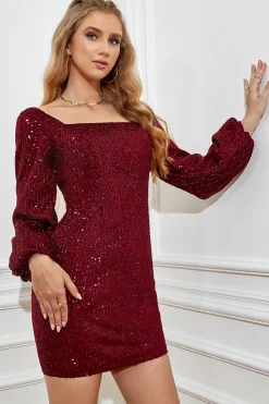 Vestido de coquetel com lantejoulas Borgonha apertado com mangás