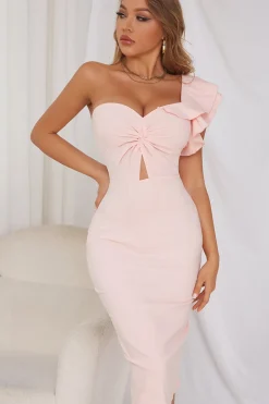 Vestido de coquetel de bodycon de ombro rosa de um ombro com folhos