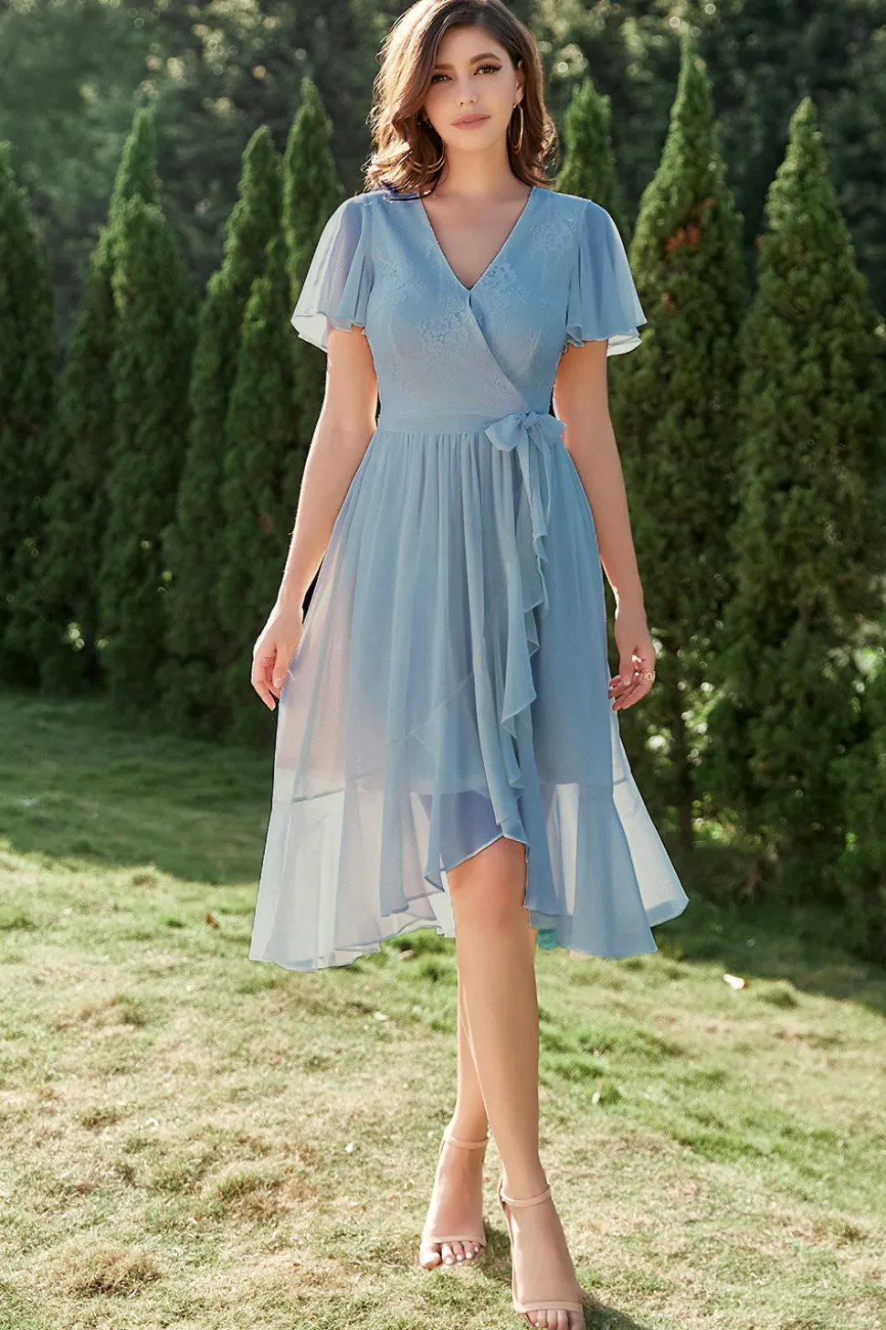Vestido de coquetel de embrulho chiffon azul