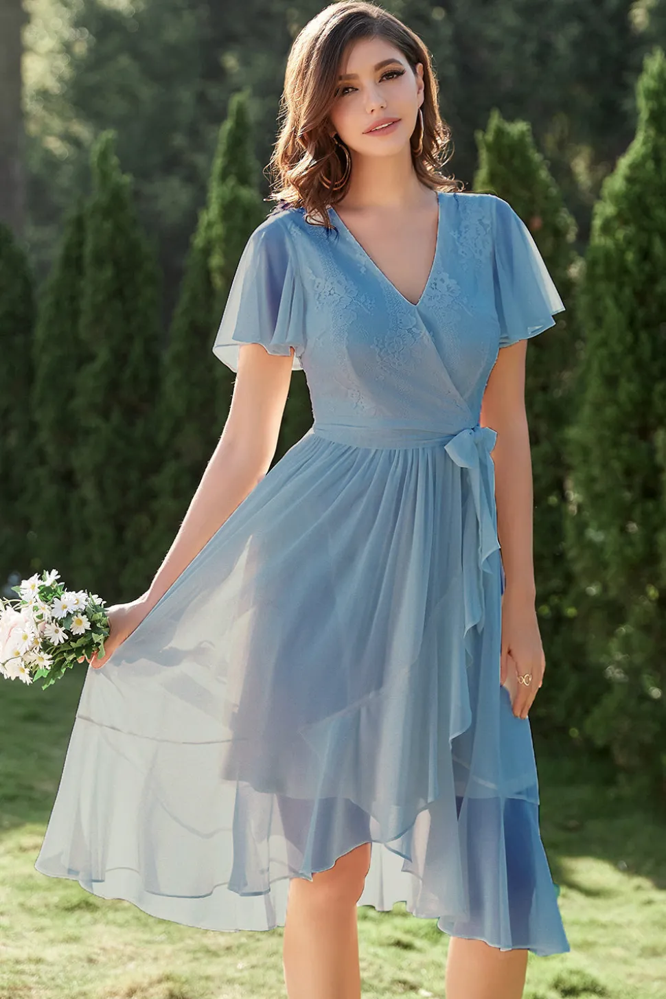 Vestido de coquetel de embrulho chiffon azul