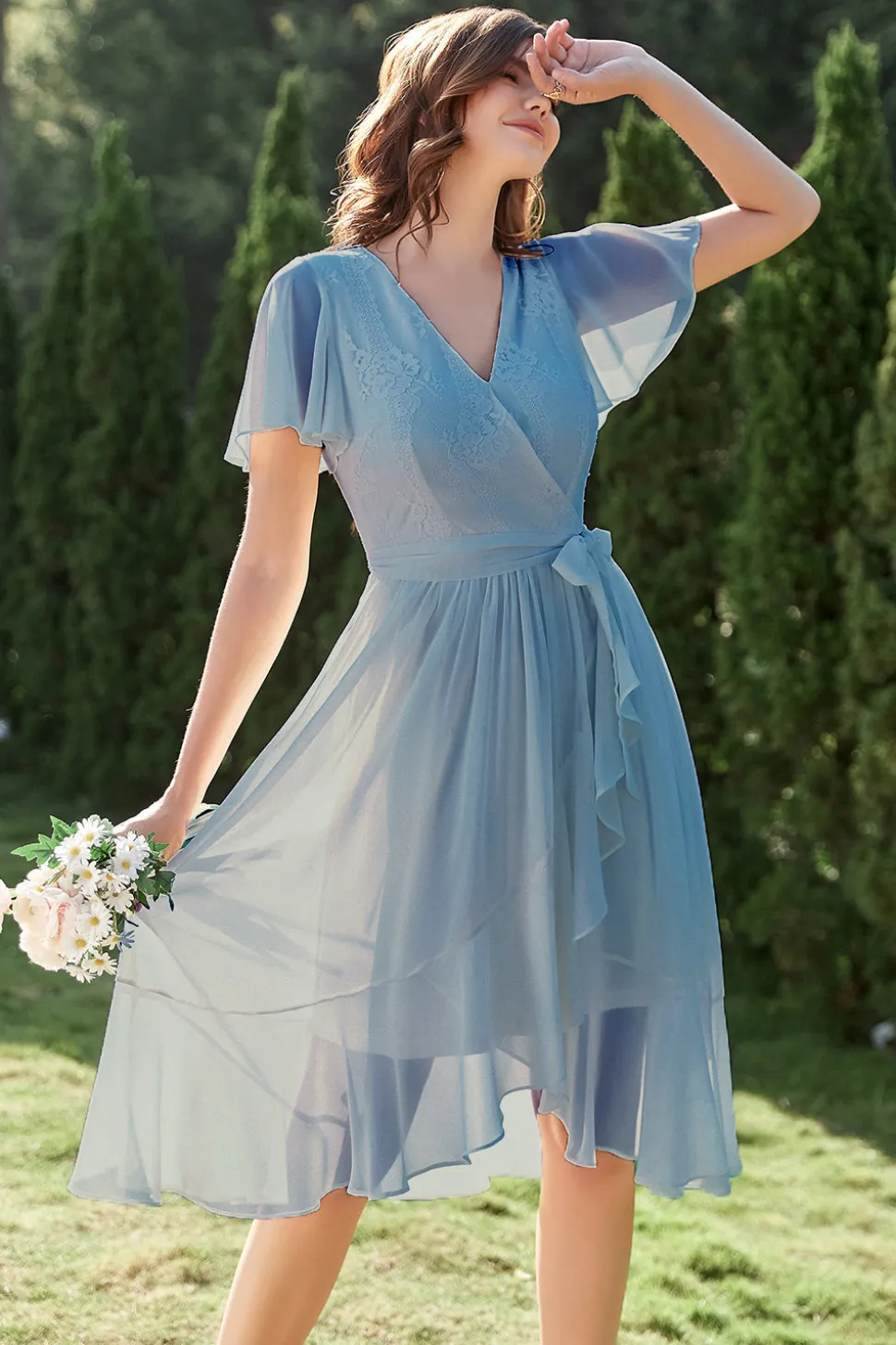 Vestido de coquetel de embrulho chiffon azul