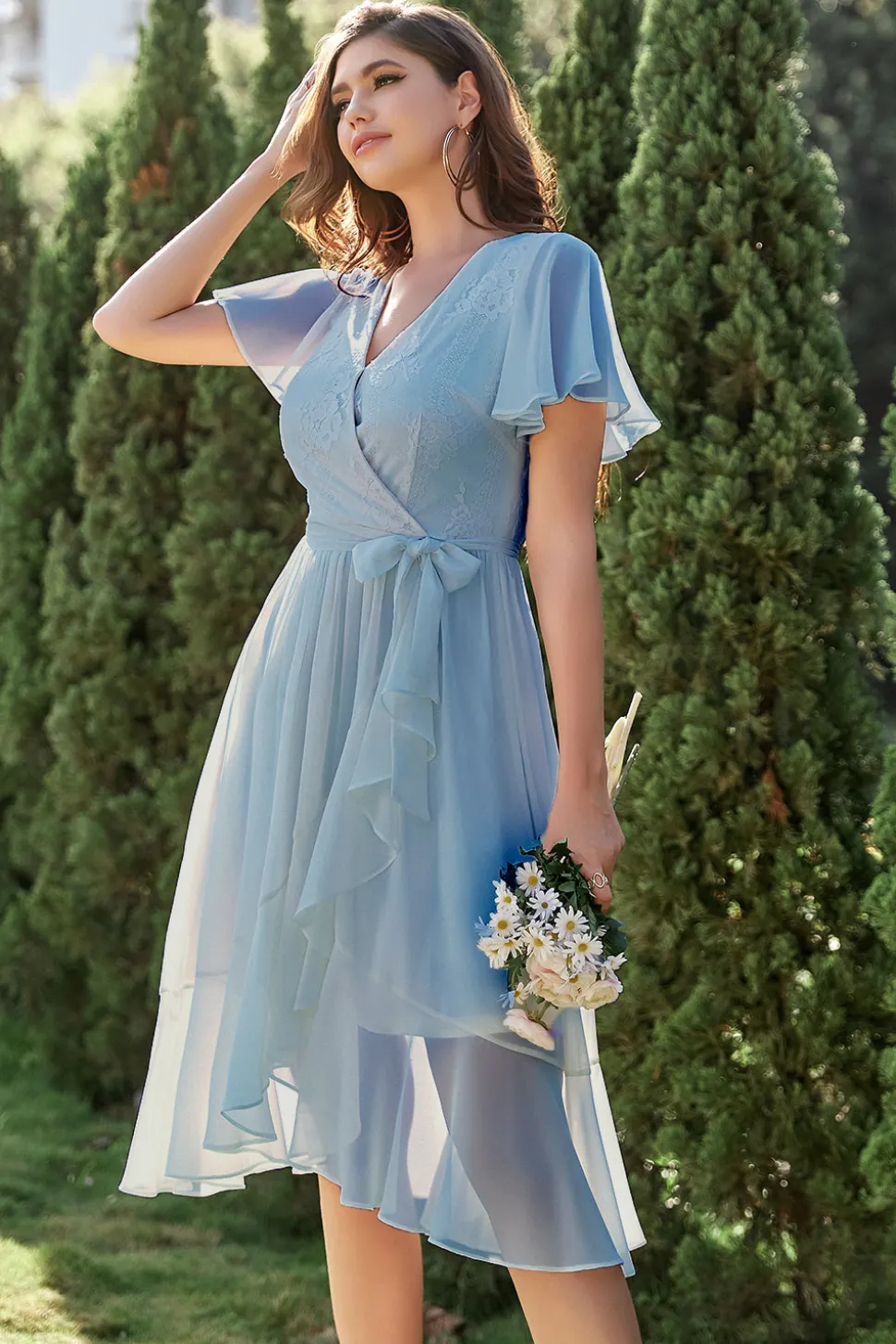 Vestido de coquetel de embrulho chiffon azul
