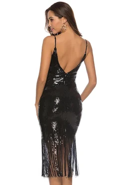 Vestido de coquetel de espaguete de lantejoulas pretas