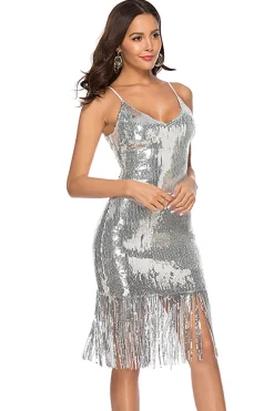 Vestido de coquetel de espaguete de lantejoulas pretas