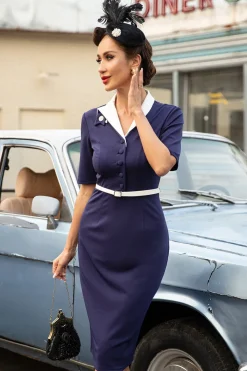 Vestido de corpo da Marinha dos anos 60 com mangas curtas