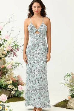 Vestido de Dama de Honor Floral Verde Cinza Sereia
