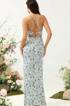 Vestido de Dama de Honor Floral Verde Cinza Sereia