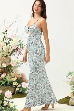 Vestido de Dama de Honor Floral Verde Cinza Sereia