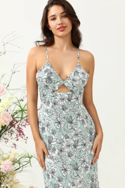 Vestido de Dama de Honor Floral Verde Cinza Sereia