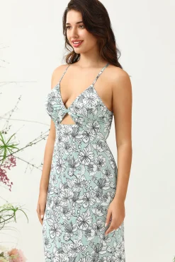 Vestido de Dama de Honor Floral Verde Cinza Sereia
