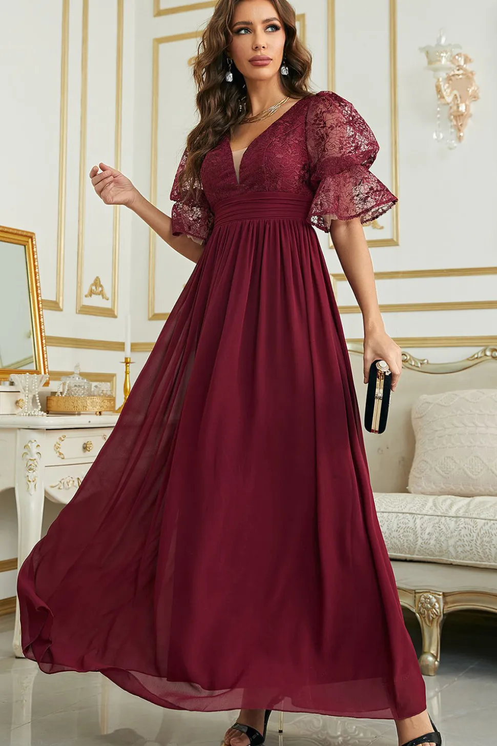 Vestido de Dama de Honor Com Renda Borgonha Chiffon