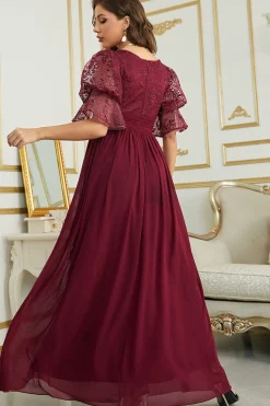 Vestido de Dama de Honor Com Renda Borgonha Chiffon