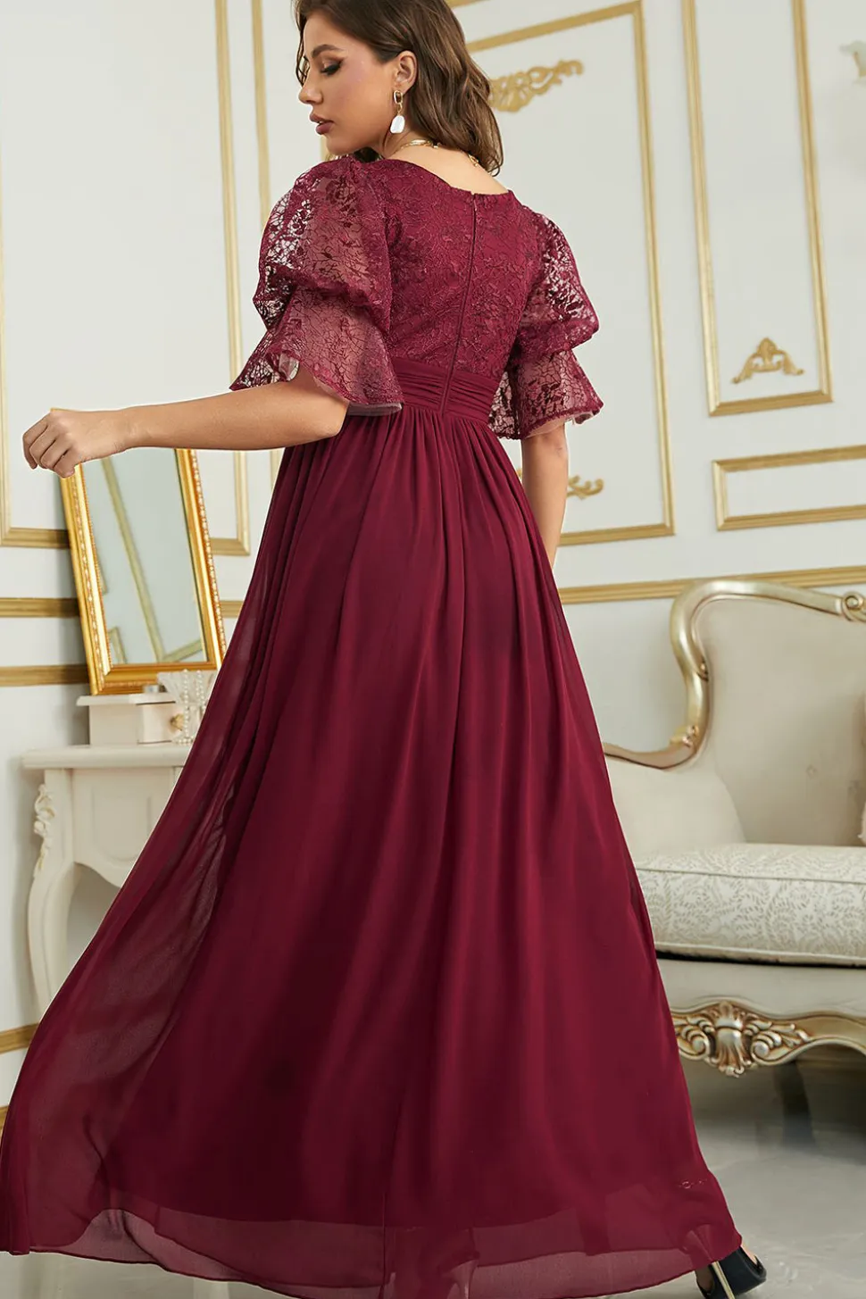 Vestido de Dama de Honor Com Renda Borgonha Chiffon