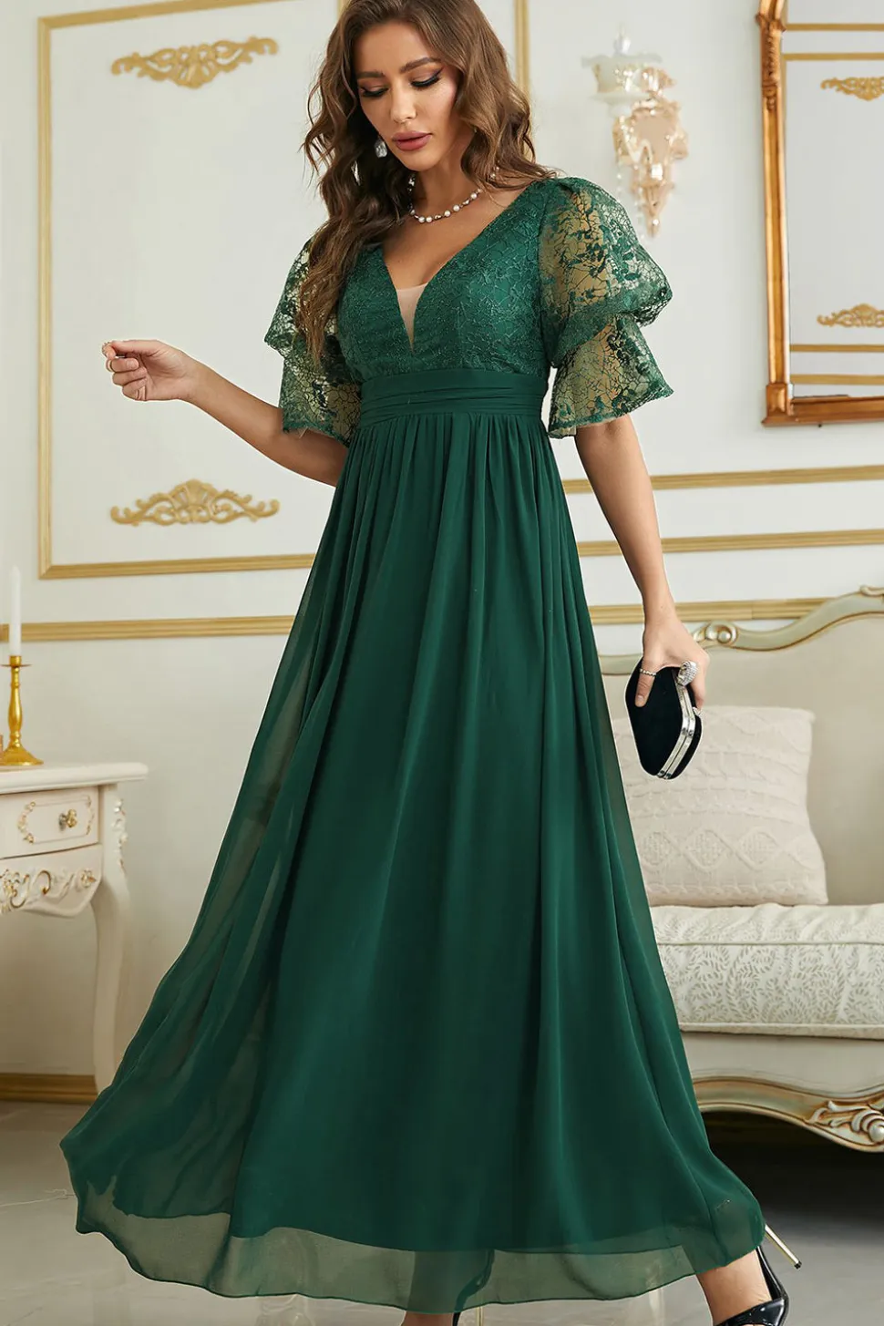 Vestido de Dama de Honor Com Renda Borgonha Chiffon