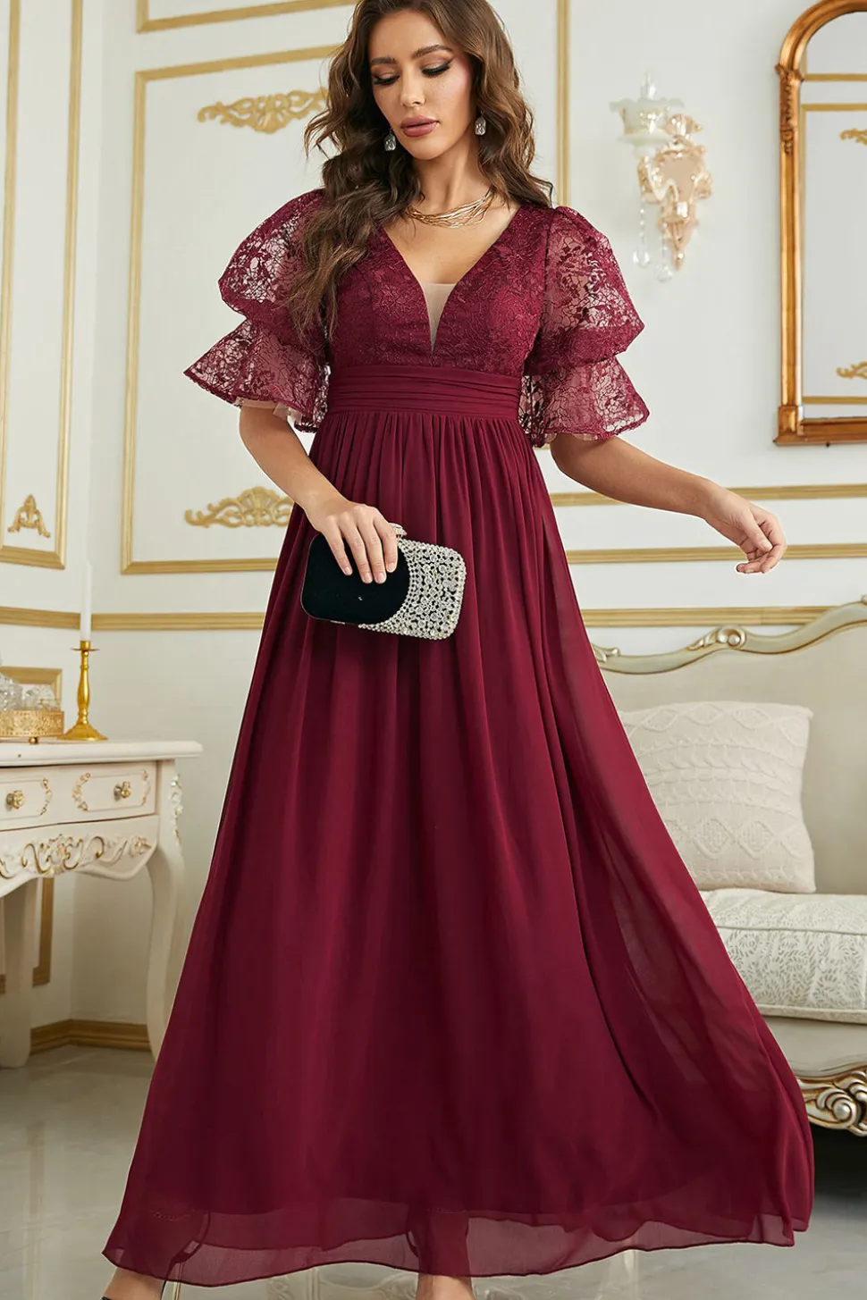 Vestido de Dama de Honor Com Renda Borgonha Chiffon