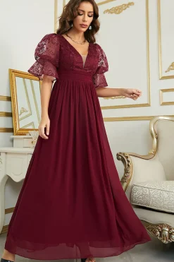 Vestido de Dama de Honor Com Renda Borgonha Chiffon