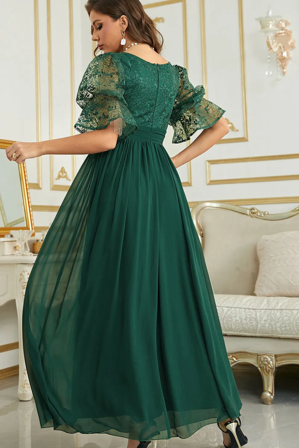 Vestido de Dama de Honor Com Renda Borgonha Chiffon