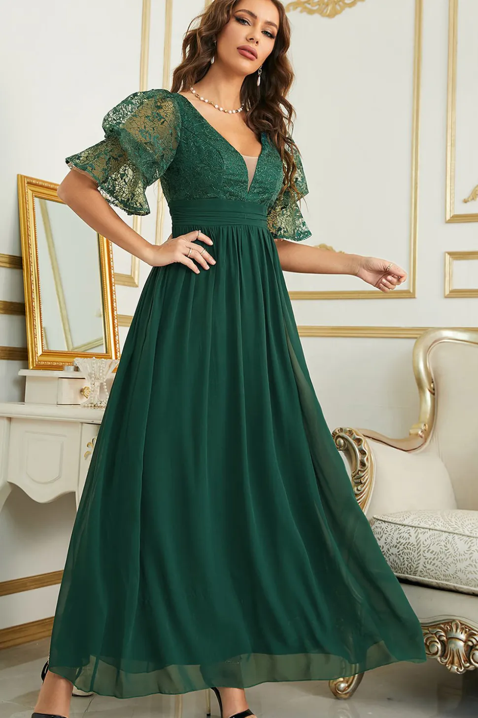 Vestido de Dama de Honor Com Renda Borgonha Chiffon