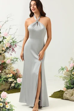 Vestido de Dama de Honor Cinza Halter