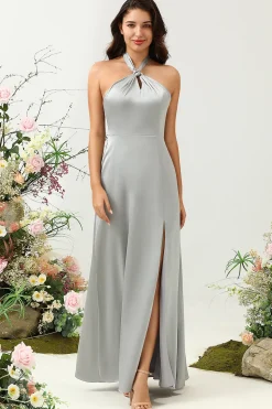 Vestido de Dama de Honor Cinza Halter