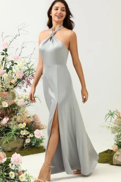 Vestido de Dama de Honor Cinza Halter