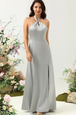 Vestido de Dama de Honor Cinza Halter