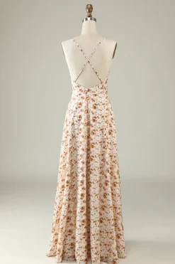 Vestido de Dama de Honor Com Babado Branco Floral Boho