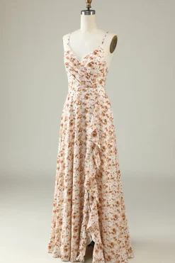 Vestido de Dama de Honor Com Babado Branco Floral Boho